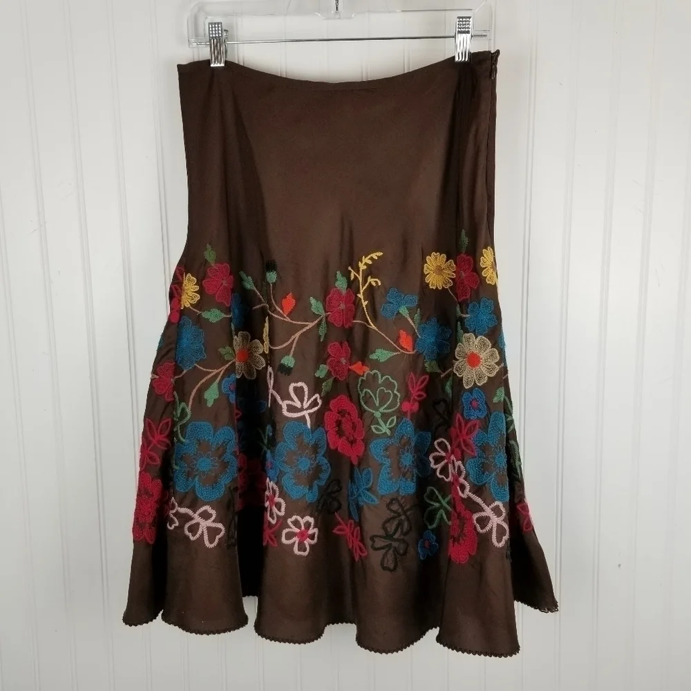 Johnny Was Silk Midi Skirt Floral Embroidery Size 8 Brown Multi Color A line